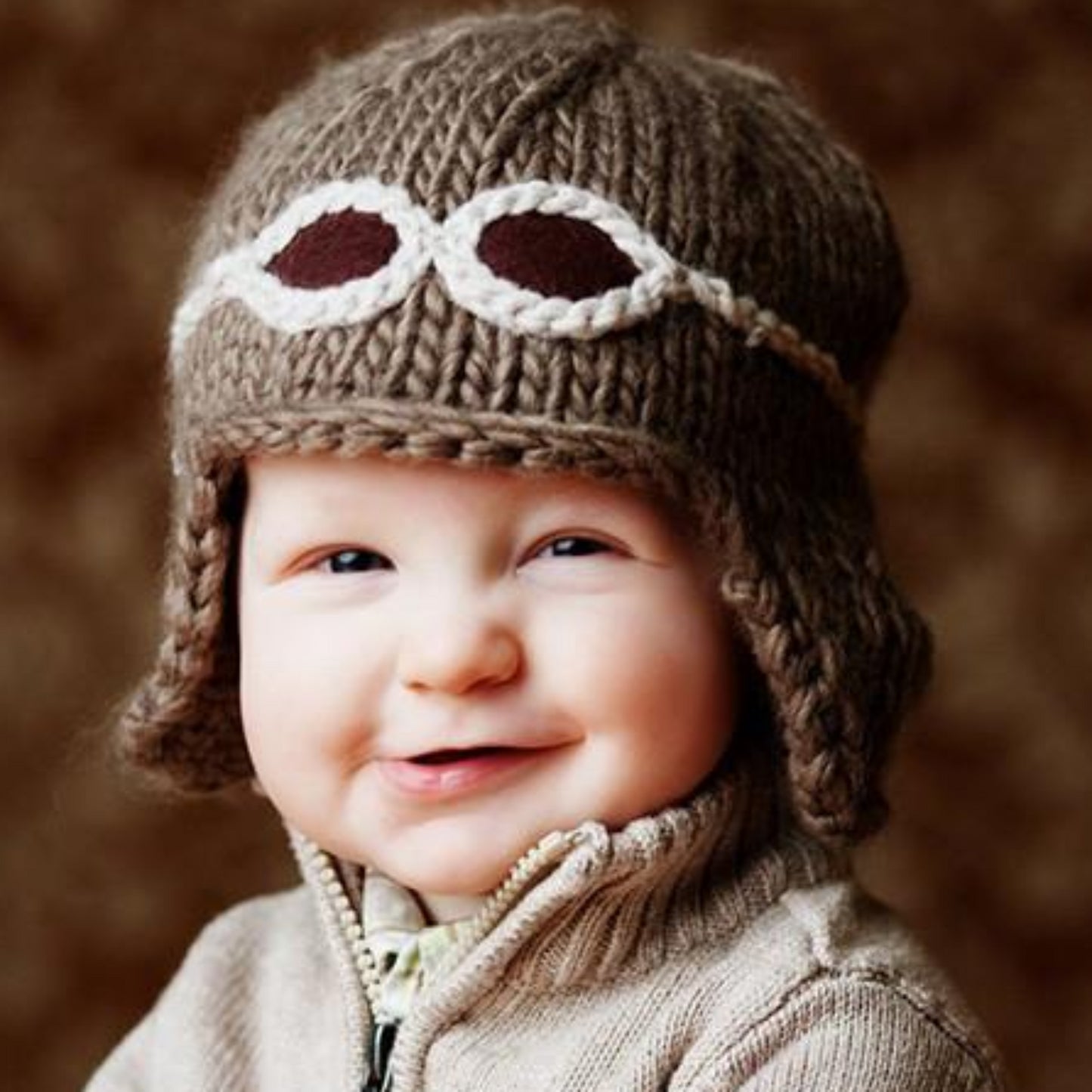Tan taupe aviator hat for baby with cream goggles  medium