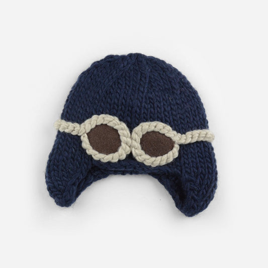 Navy blue aviator hat for baby with cream goggles extra small
