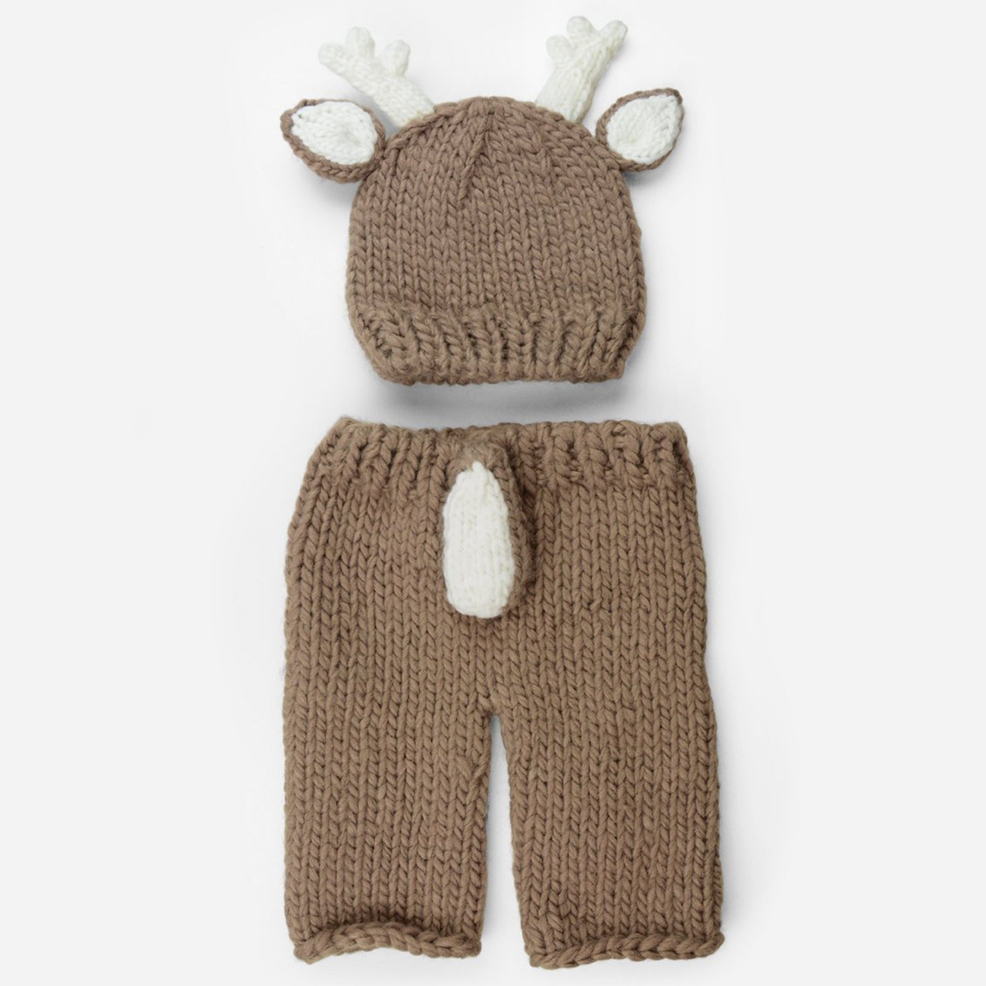 hand knit tan deer hat with white ears and white antlers pants with white tail set for newborns photography photoshoot