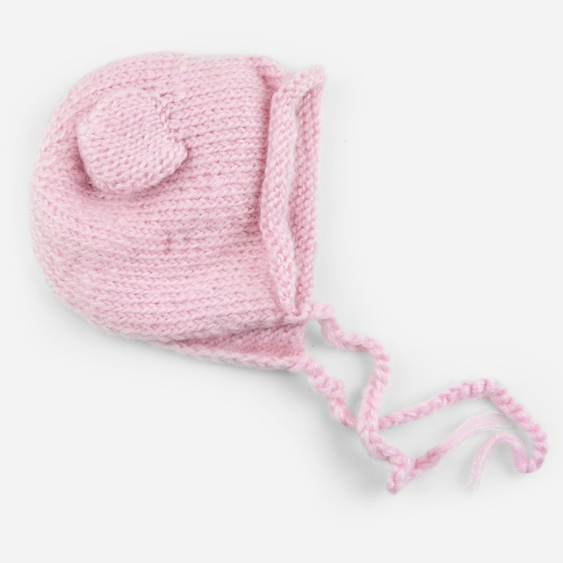 hand knit mohair bonnet with bear ears and tie closure in pink for baby infant toddler