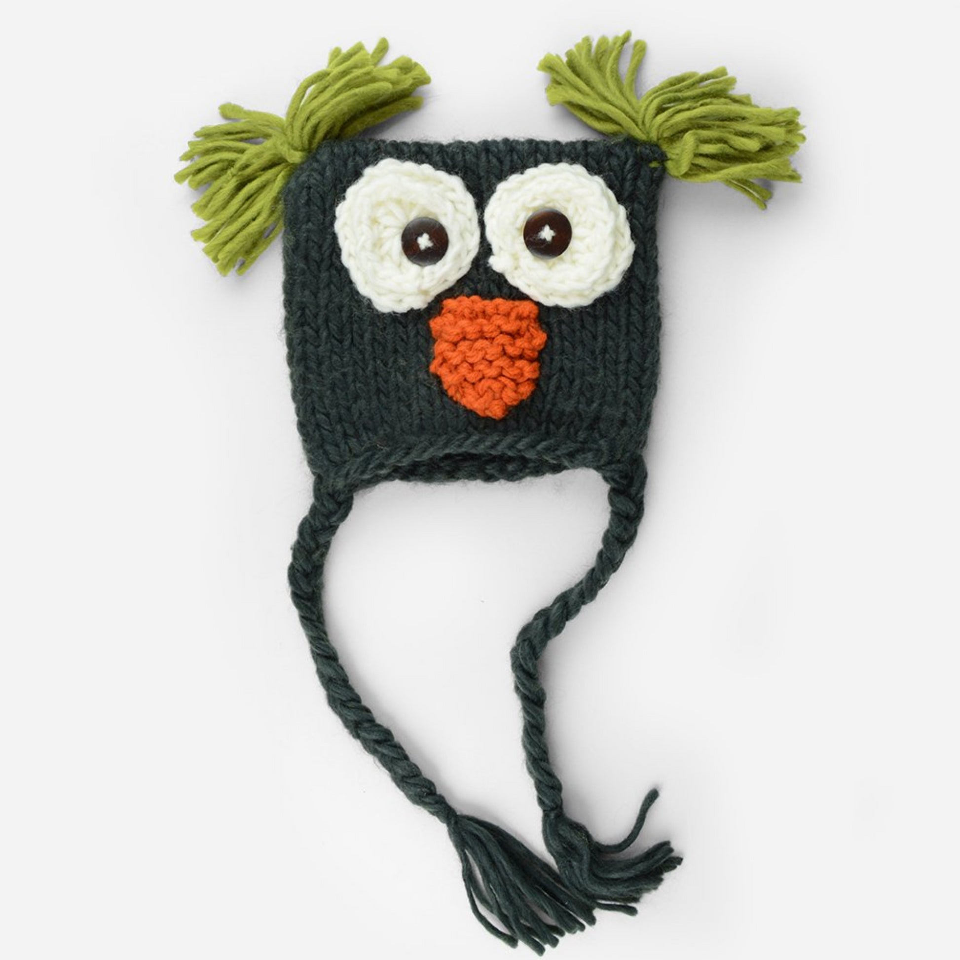 Hand Knit Owl hat with tassels and tufts in navy blue