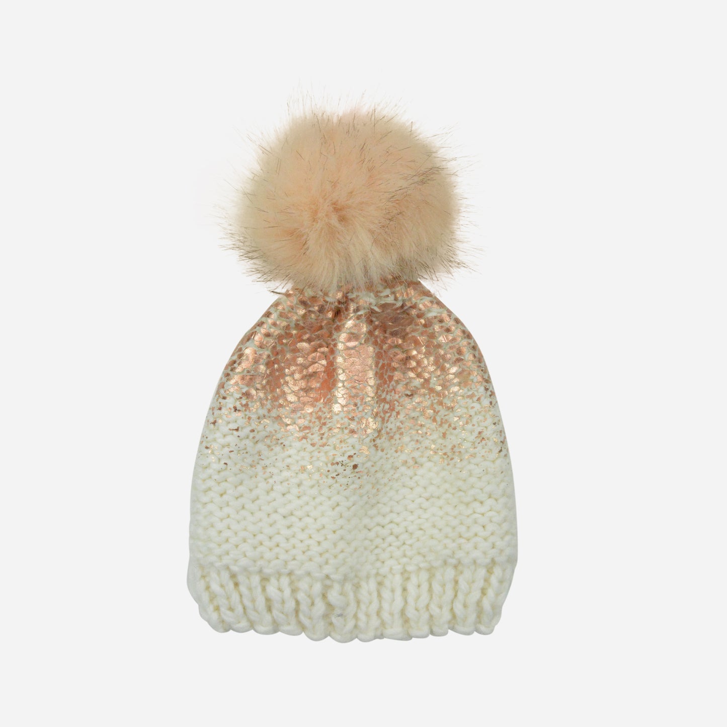 Pearl Metallic Hat with Fur Pom, Cream and Rose Gold