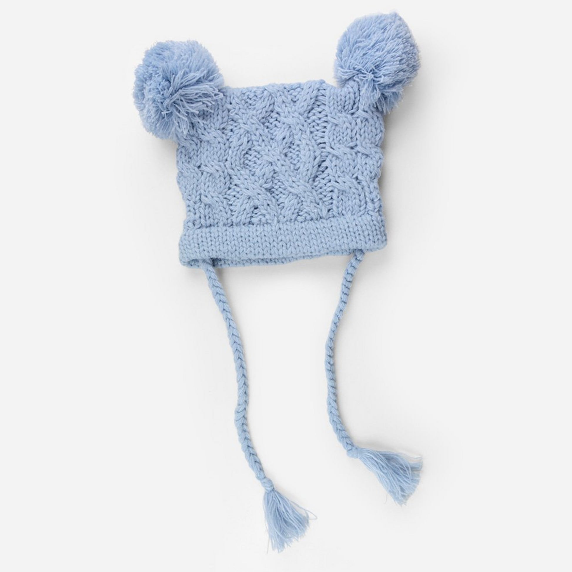 cable knit hat for baby with poms and tassels blue