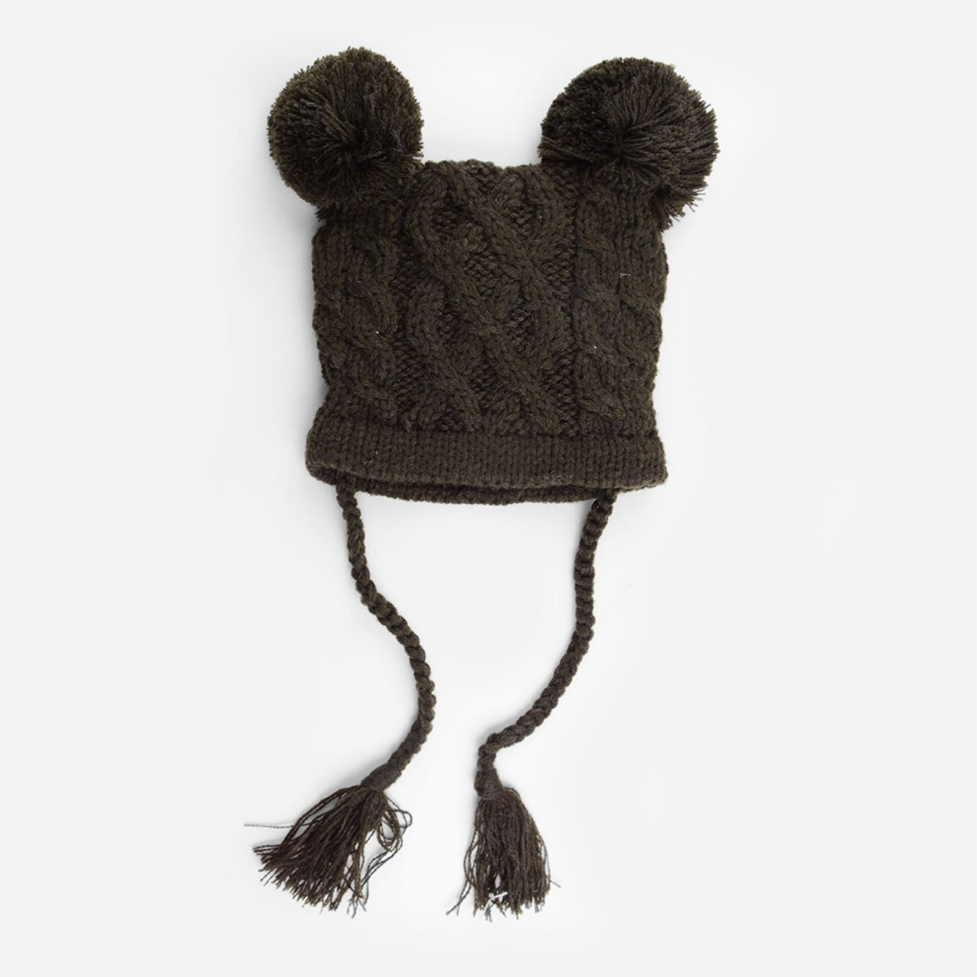 cable knit hat for baby with poms and tassels brown
