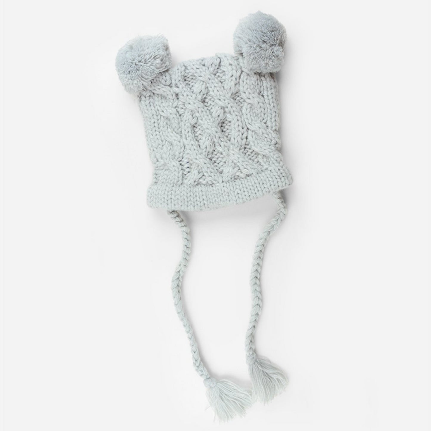 cable knit hat for baby with poms and tassels gray