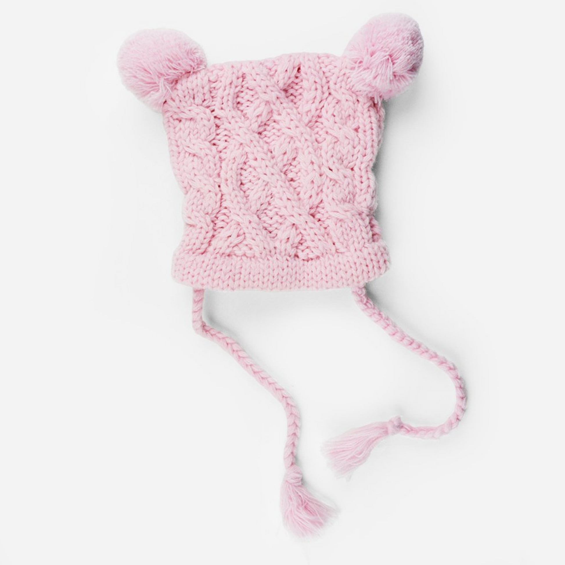 cable knit hat for baby with poms and tassels pink