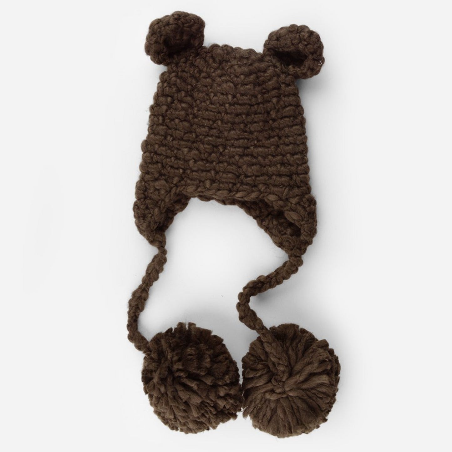 crochet bear hat with ears and pom tassels for baby and toddler brown
