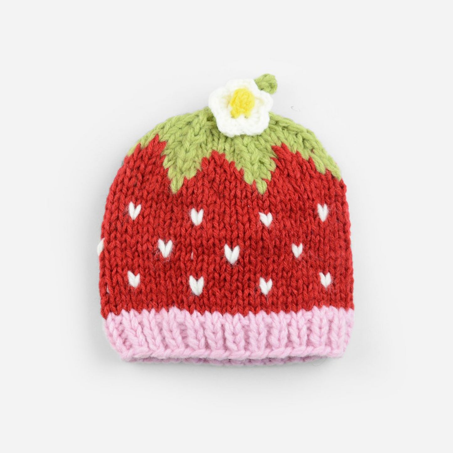 Red strawberry hat pink band green top white flower extra small