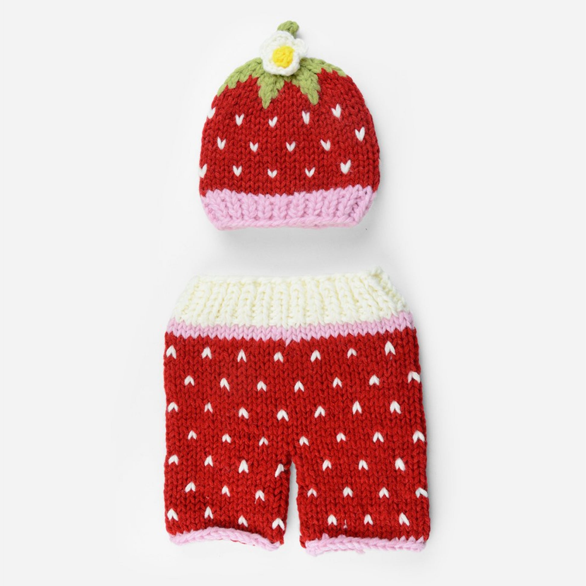 Red strawberry hat and pants set with white hearts accent