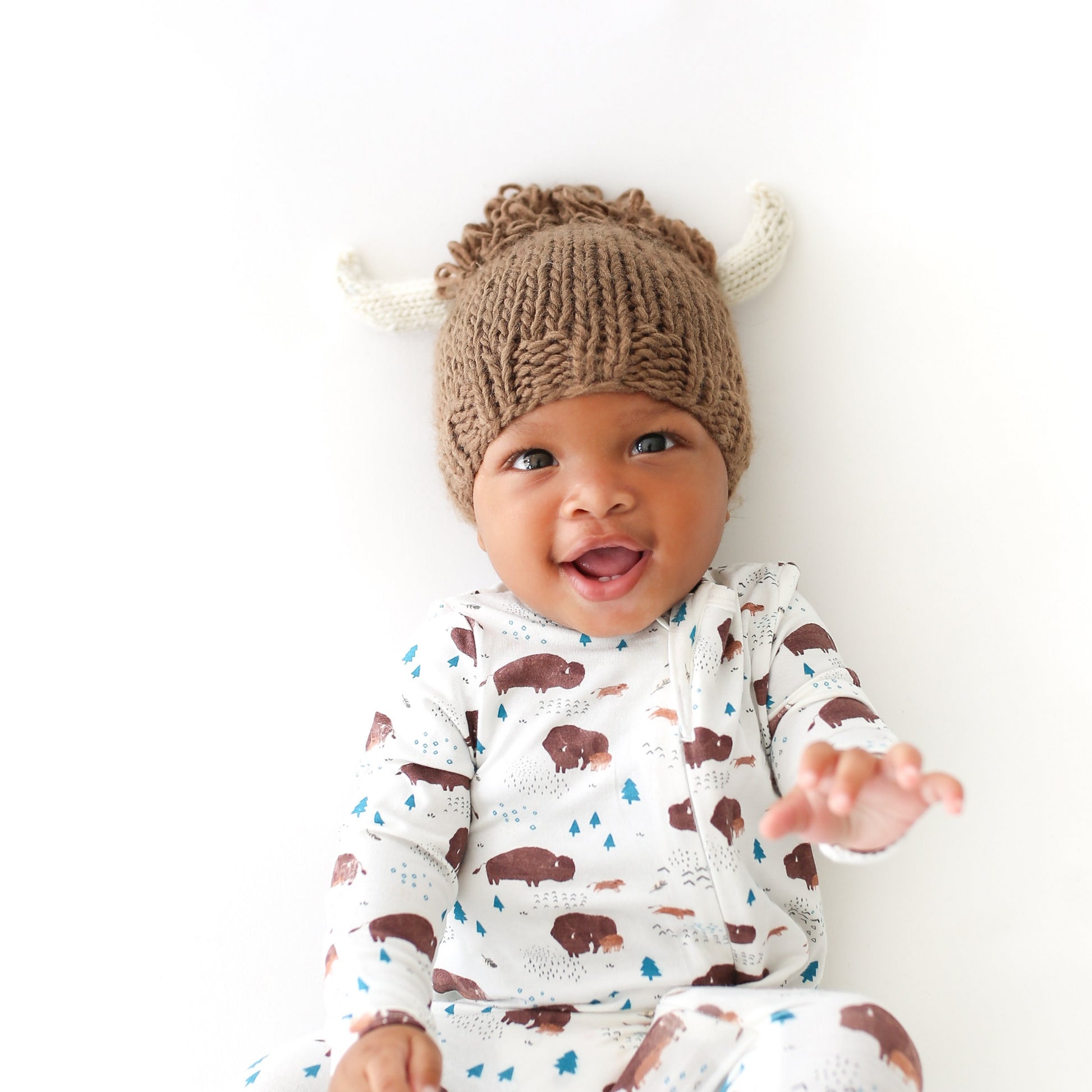 hand knit brown acrylic buffalo hat with white horns for baby infant toddler child
