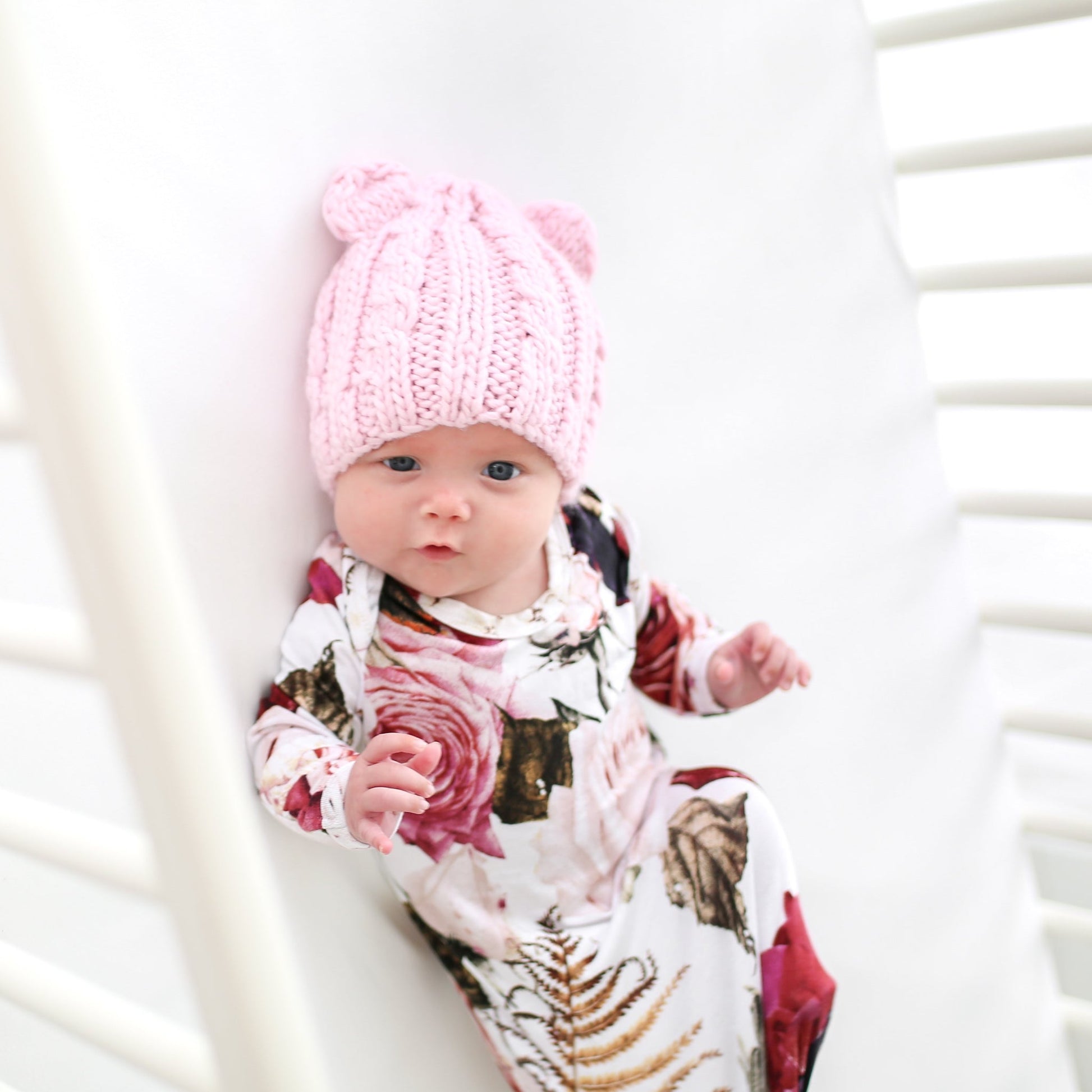 cable knit hat for baby and child with bear ears in pink